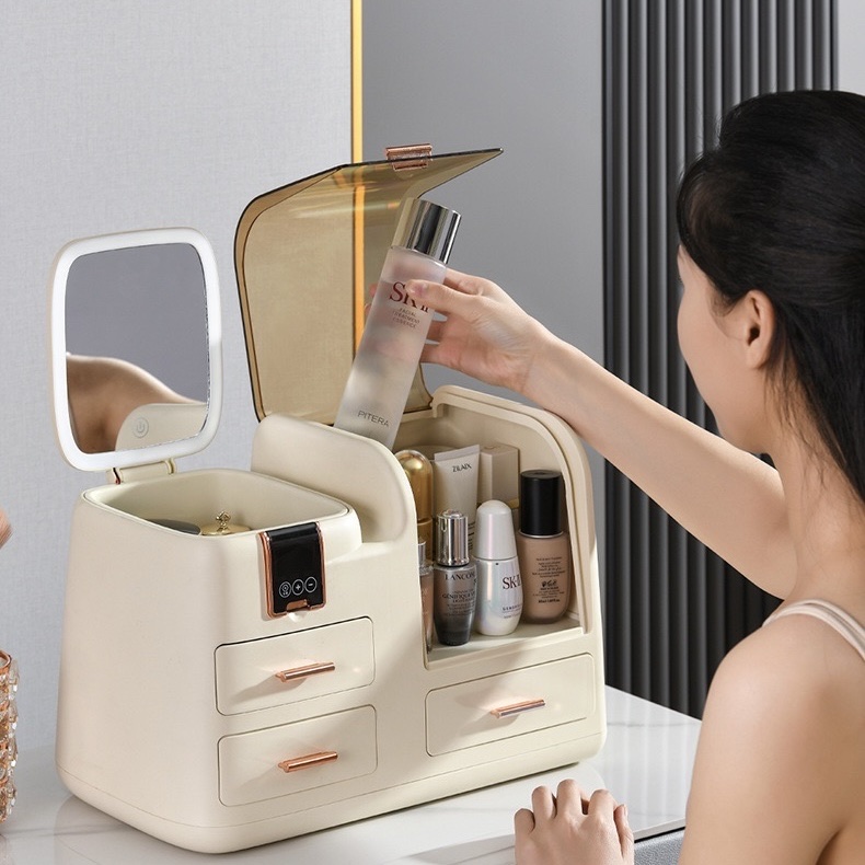 Cosmetics storage box with mirror, desktop, dressing table, integrated storage rack, dust-proof, large-capacity skin care products storage box - Basic model detail image 2