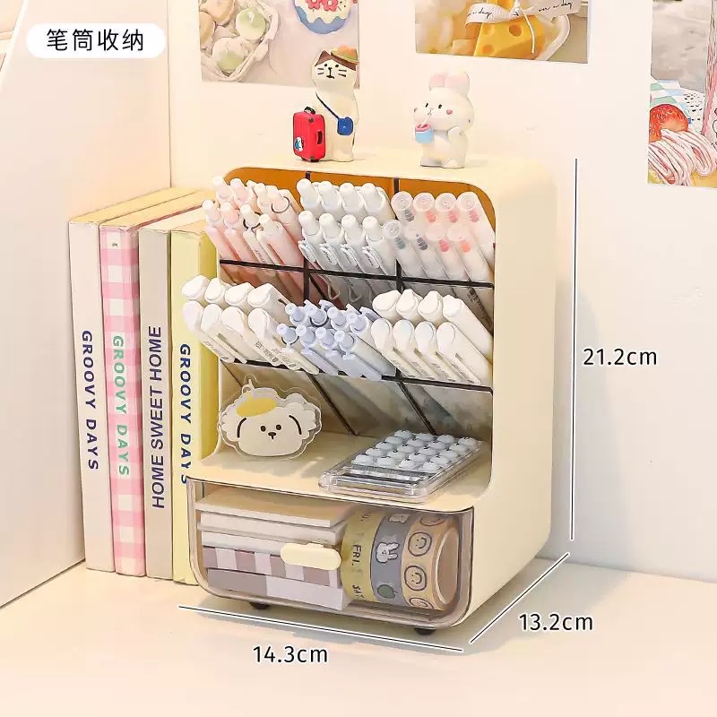 Slanting pen holder storage box, multi-layer large-capacity with drawer, desktop student pen case, office desk stationery storage rack Application Scenario
