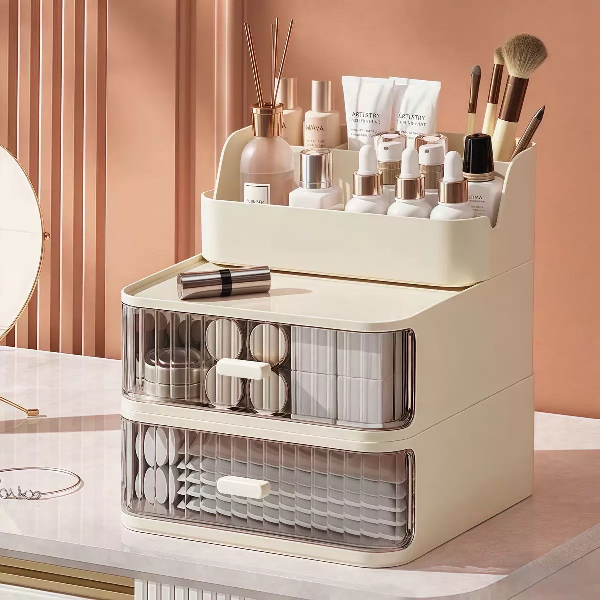 Drawer-type transparent cosmetic storage box, dressing table, skin care product rack, makeup brush, portable dressing table Application Scenario