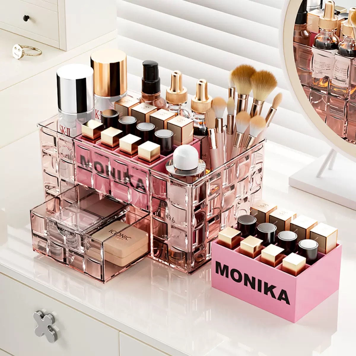 Desktop cosmetics storage box, ice grain texture makeup brush bucket, compartmentalized drawer, dressing table, skin care products shelf Application Scenario