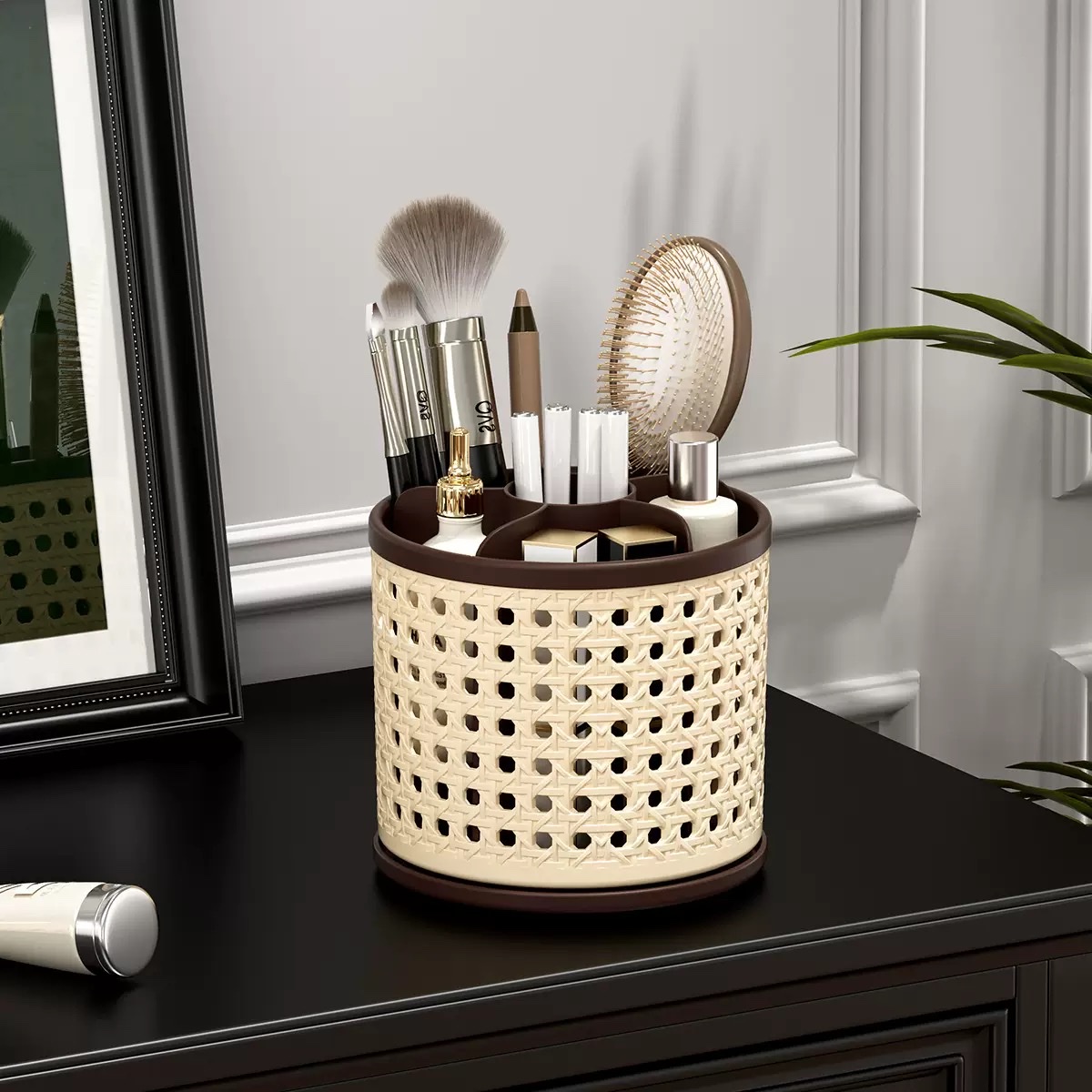Chinese-style dressing table, lipstick and eyeshadow storage rack, desktop pen holder, rotating, large-capacity, compartmentalized makeup brush storage cylinder Specification image
