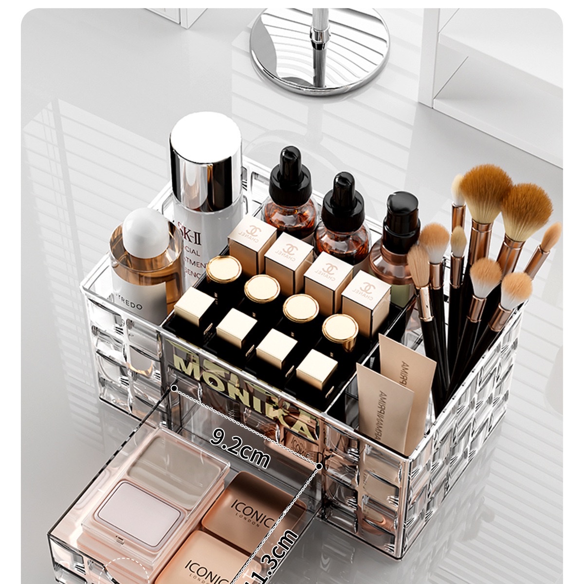 Desktop cosmetics storage box, ice grain texture makeup brush bucket, compartmentalized drawer, dressing table, skin care products shelf detail image 9