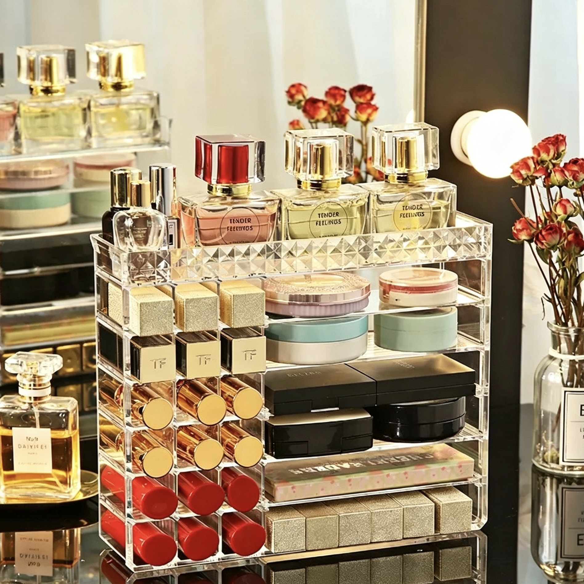 Lipstick storage rack, multi-layered separated makeup storage box, desktop shelf, beauty tool storage box Application Scenario