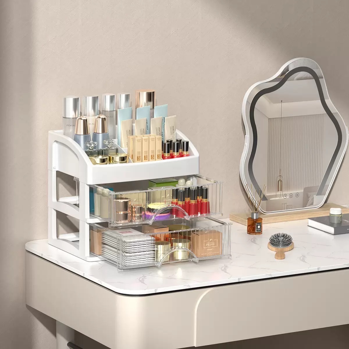 Striped three-layer stacked 2-compartment storage box for home organization, simple style Specification image