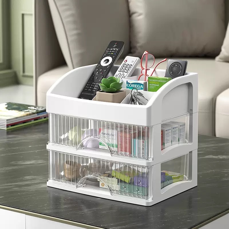 Striped three-layer stacked 2-compartment storage box for home organization, simple style detail image 1