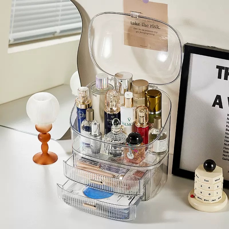 Cosmetics storage box, popular light luxury desktop, large-capacity dust-proof storage rack, skin care product compartmentalized storage box Application Scenario
