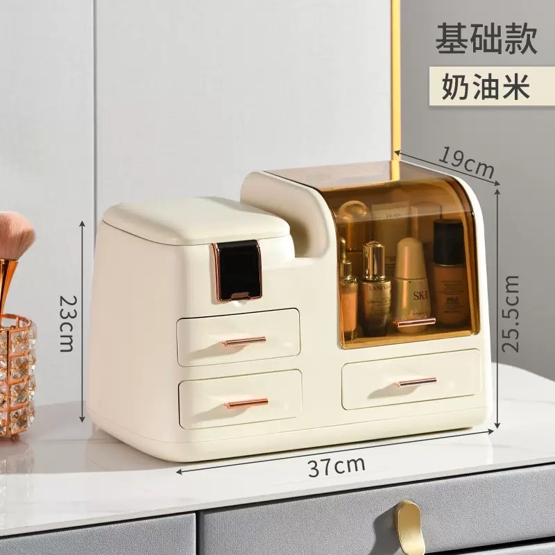 Cosmetics storage box with mirror, desktop, dressing table, integrated storage rack, dust-proof, large-capacity skin care products storage box - Basic model Specification image