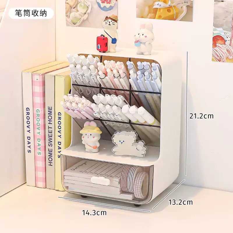 Slanting pen holder storage box, multi-layer large-capacity with drawer, desktop student pen case, office desk stationery storage rack Specification image