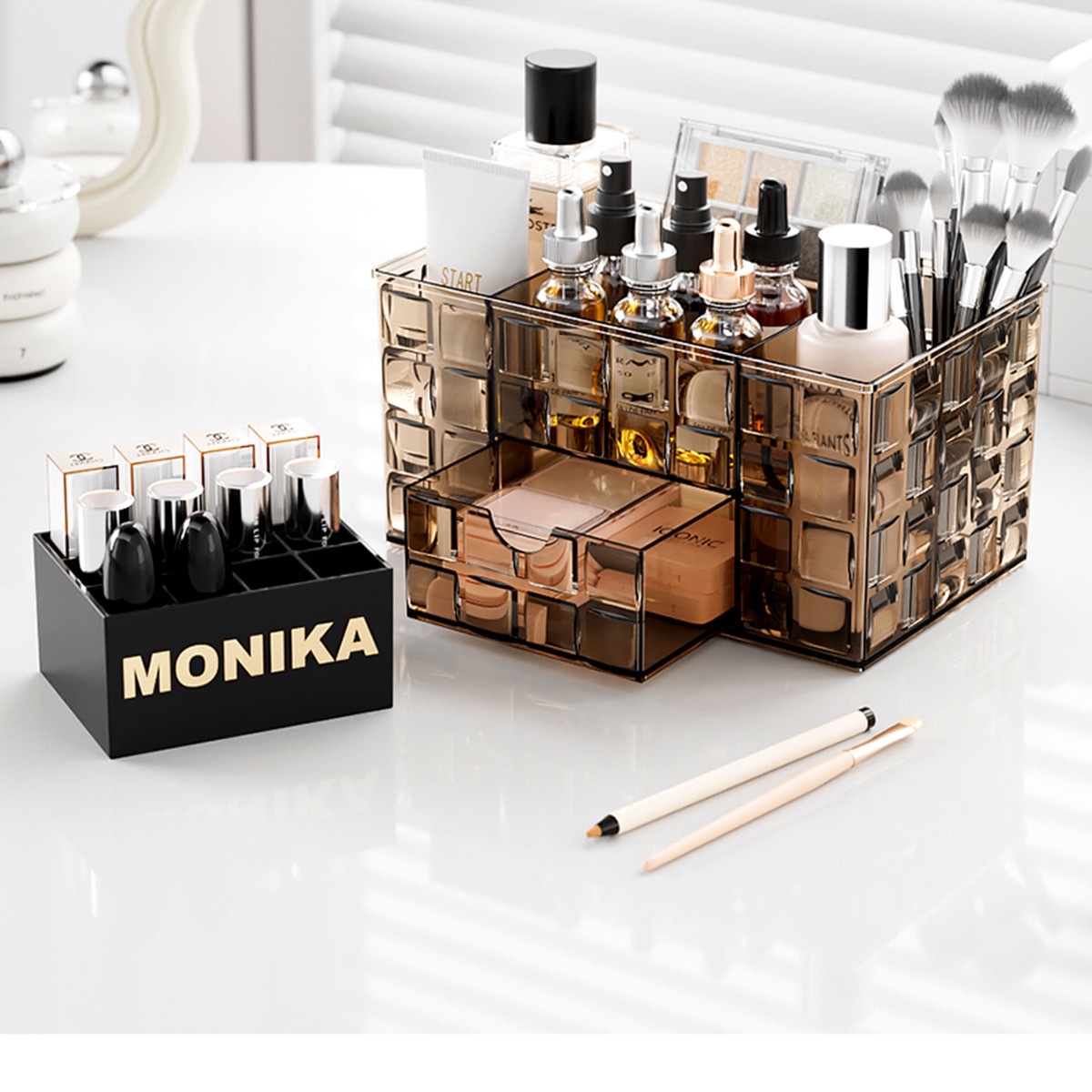 Desktop cosmetics storage box, ice grain texture makeup brush bucket, compartmentalized drawer, dressing table, skin care products shelf detail image 11