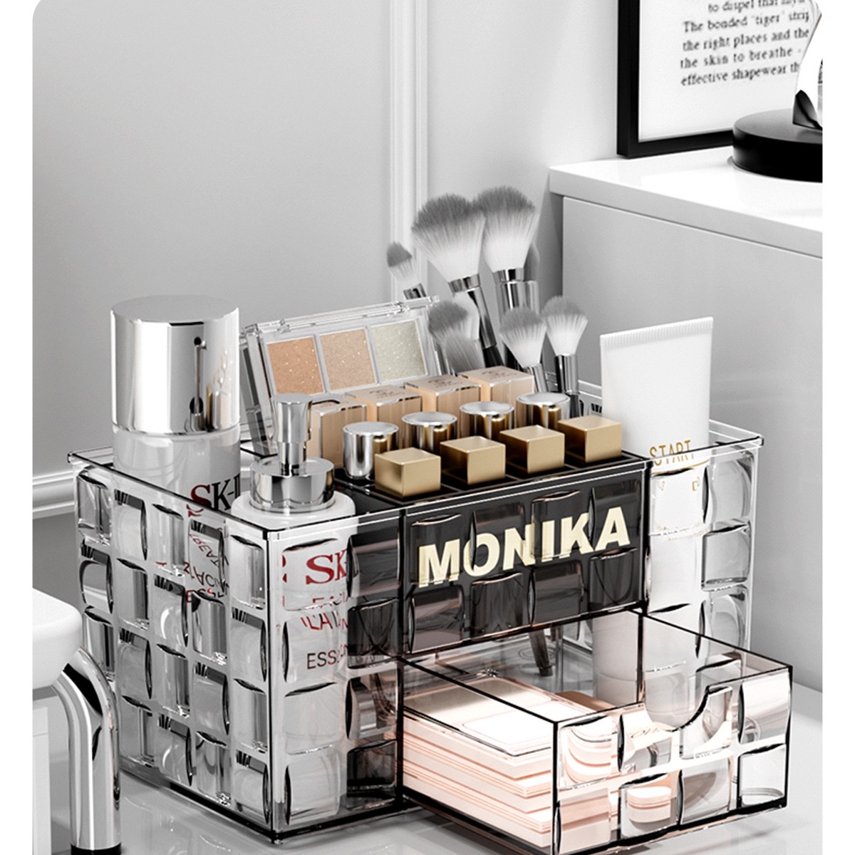Desktop cosmetics storage box, ice grain texture makeup brush bucket, compartmentalized drawer, dressing table, skin care products shelf detail image 16