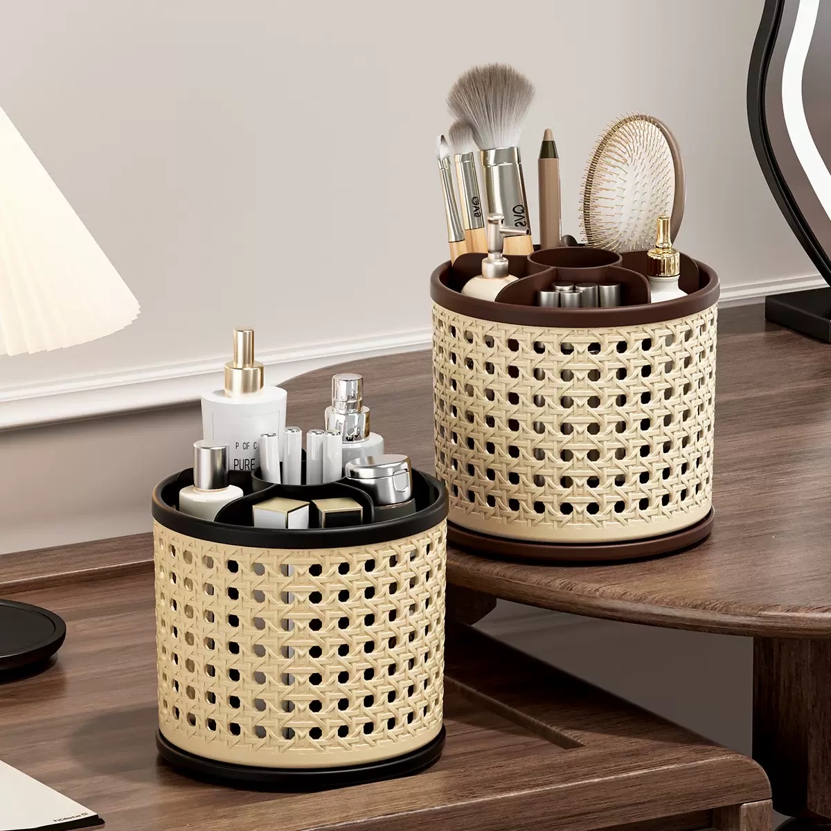 Chinese-style dressing table, lipstick and eyeshadow storage rack, desktop pen holder, rotating, large-capacity, compartmentalized makeup brush storage cylinder