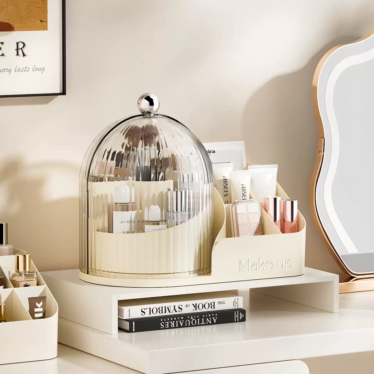 High-appearance-level makeup storage box, transparent rotating makeup brush set, dust-proof compartmentalized lipstick and eyebrow pencil desktop storage Specification image