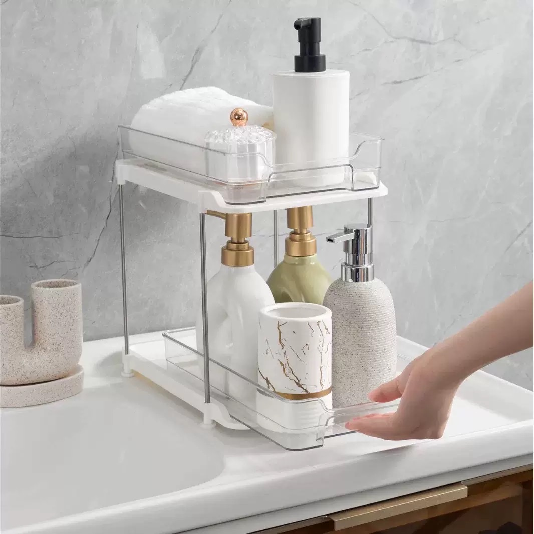 Light luxury double-layer pull-out storage rack, bathroom cosmetics storage rack, non-drilling desktop organization rack