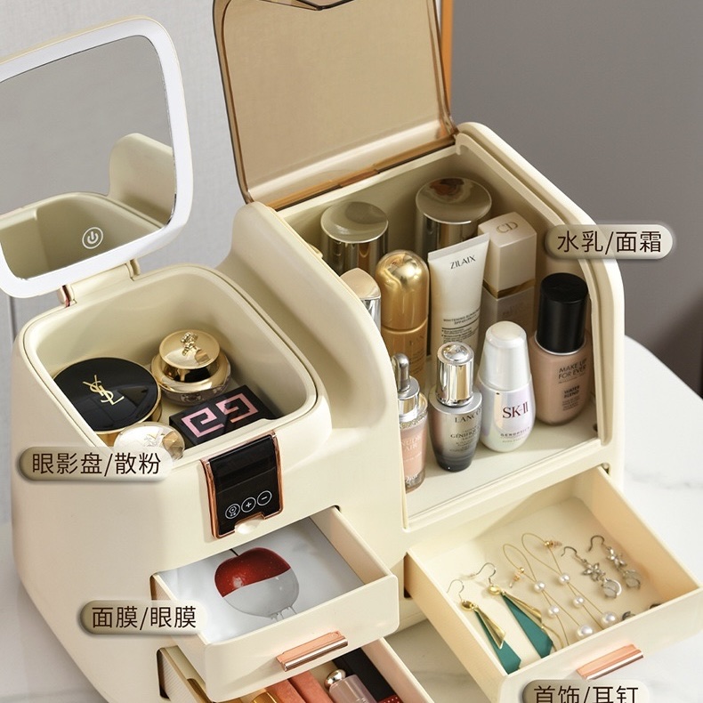 Cosmetics storage box with mirror, desktop, dressing table, integrated storage rack, dust-proof, large-capacity skin care products storage box - Basic model detail image 1
