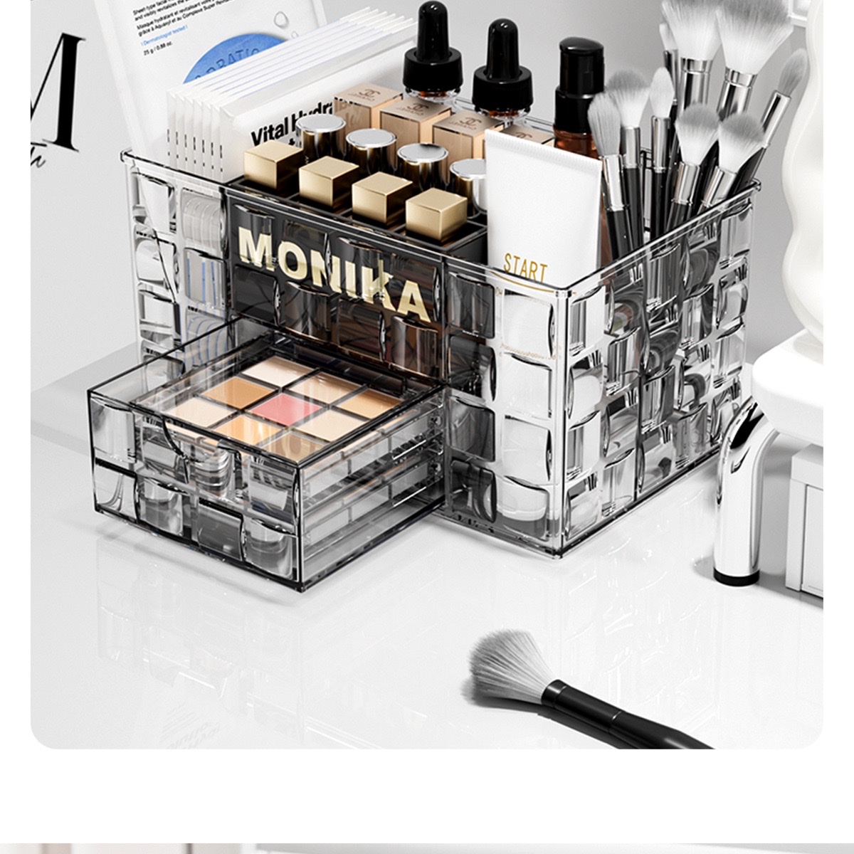 Desktop cosmetics storage box, ice grain texture makeup brush bucket, compartmentalized drawer, dressing table, skin care products shelf detail image 6
