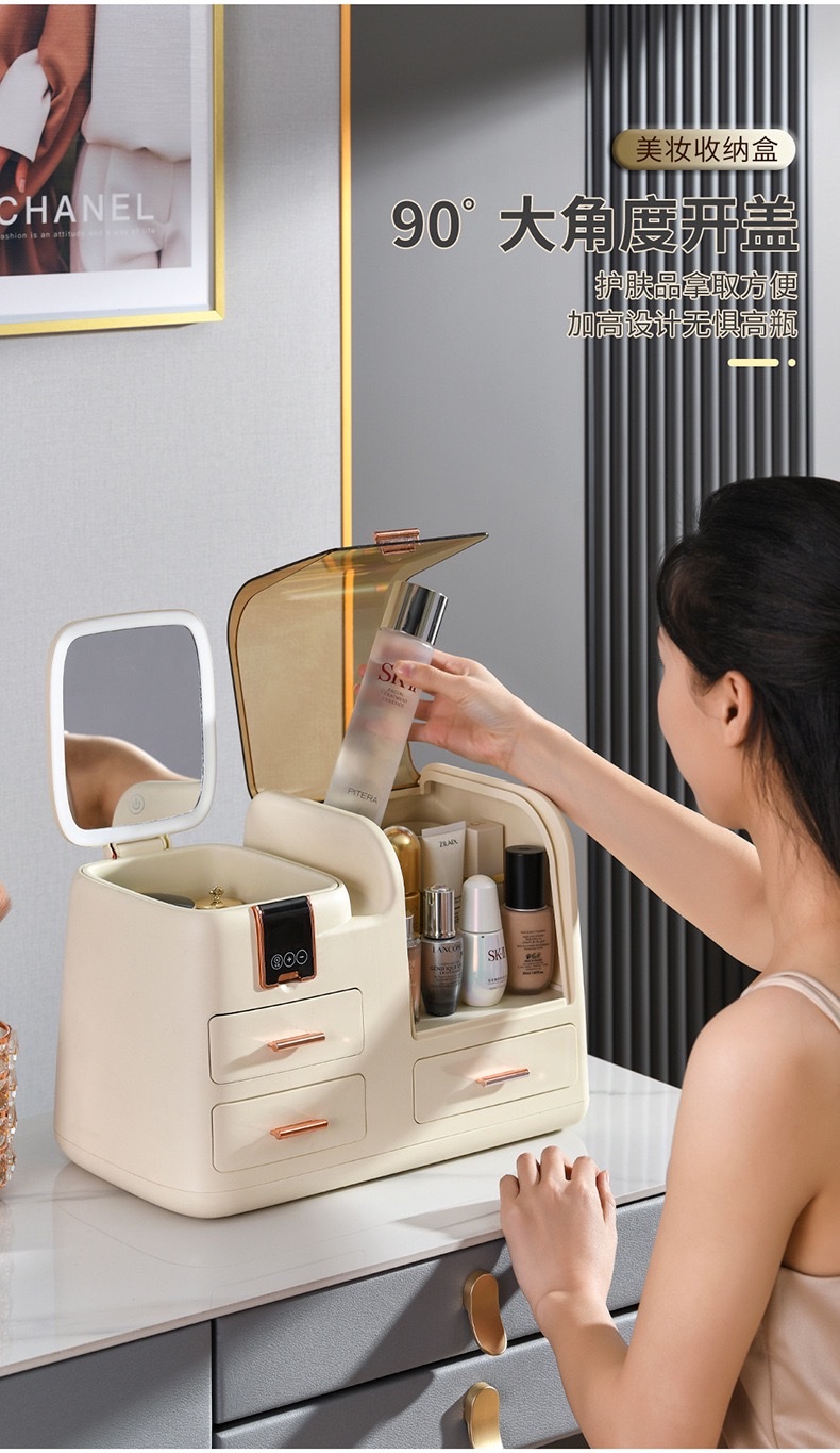 Cosmetics storage box with mirror, desktop, dressing table, integrated storage rack, dust-proof, large-capacity skin care products storage box - Basic model detail image 4