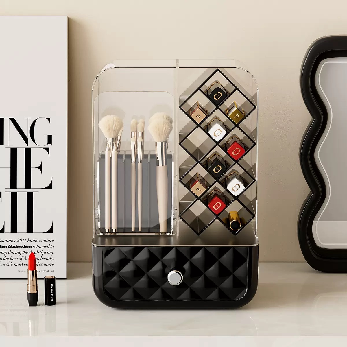 Portable dust-proof layered storage box for makeup brushes and lipsticks details Picture