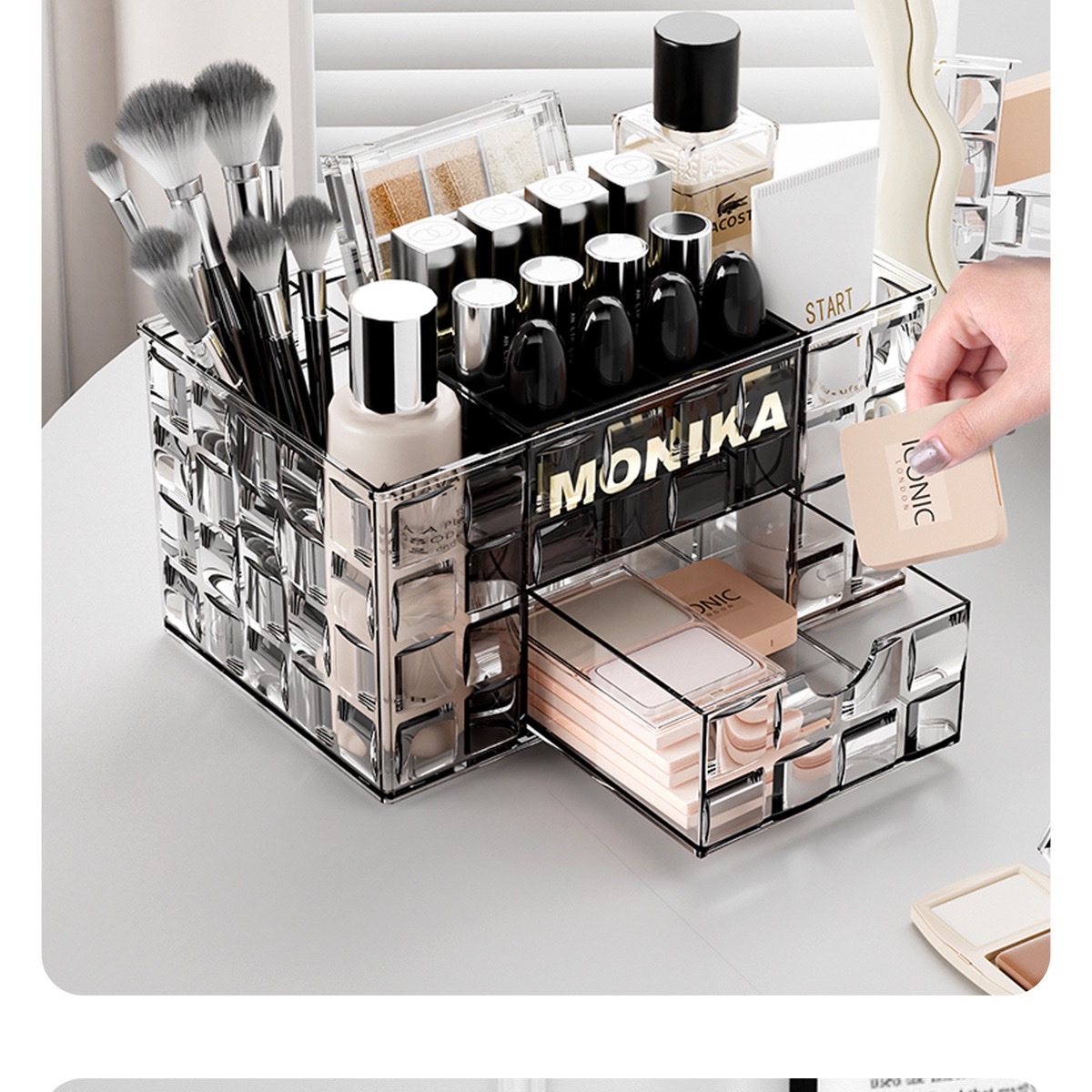 Desktop cosmetics storage box, ice grain texture makeup brush bucket, compartmentalized drawer, dressing table, skin care products shelf detail image 20