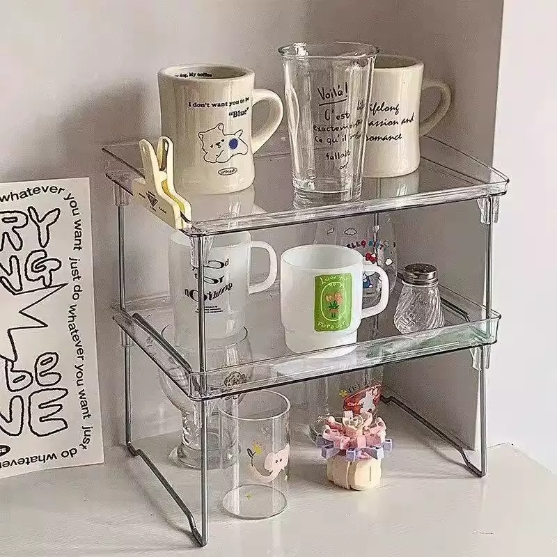 Folding storage rack, multi-layer transparent storage rack for office desks, acrylic double-layer rack for dormitory desks Item Picture