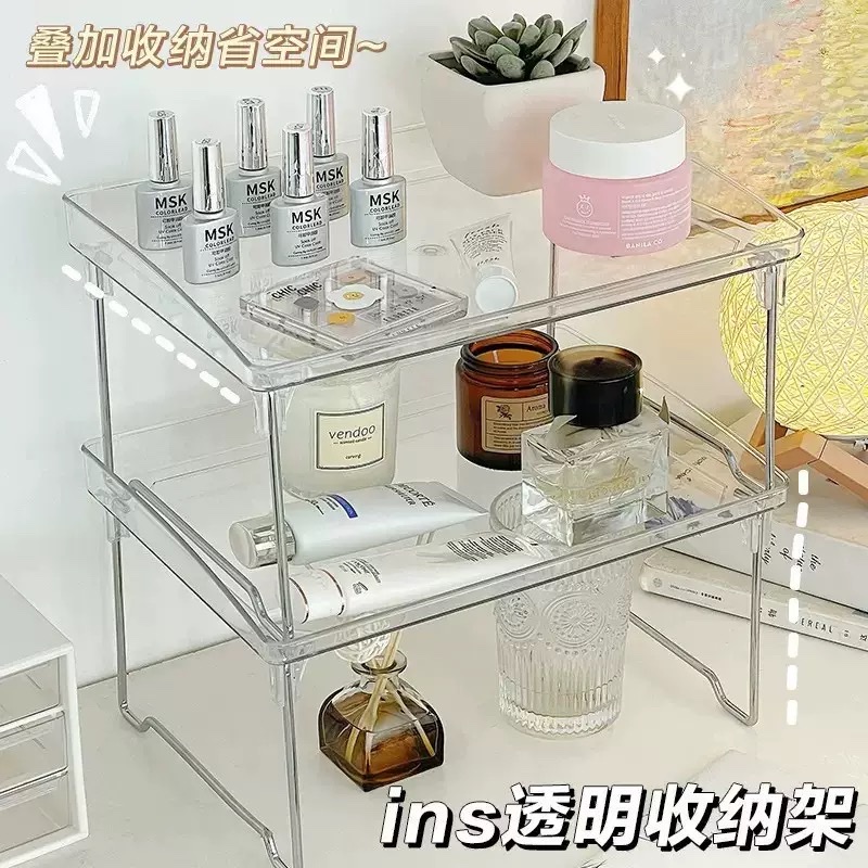 Folding storage rack, multi-layer transparent storage rack for office desks, acrylic double-layer rack for dormitory desks details Picture