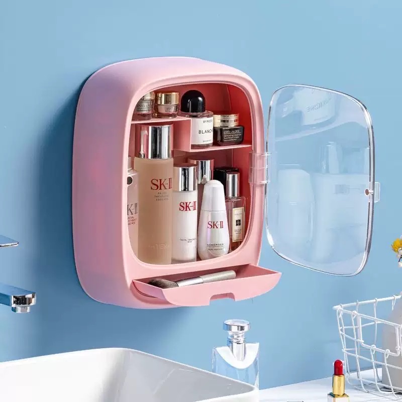 Wall-mounted dust-proof cosmetic storage box, no need for drilling, large capacity for home use, waterproof bathroom storage detail image 7