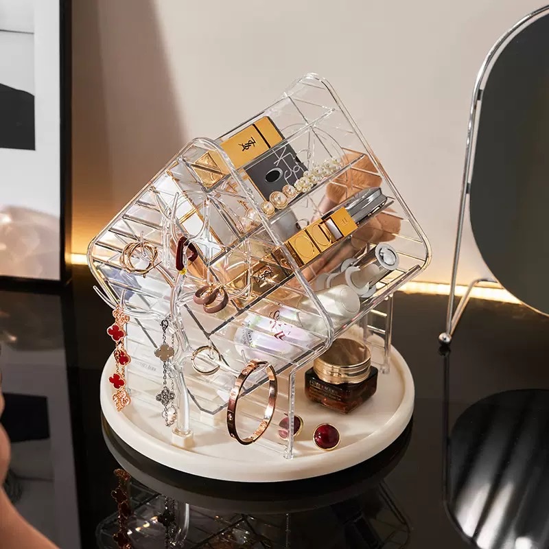 Light luxury cosmetics storage box, dressing table, rotatable skin care products storage rack, desktop stationery and jewelry storage box full image