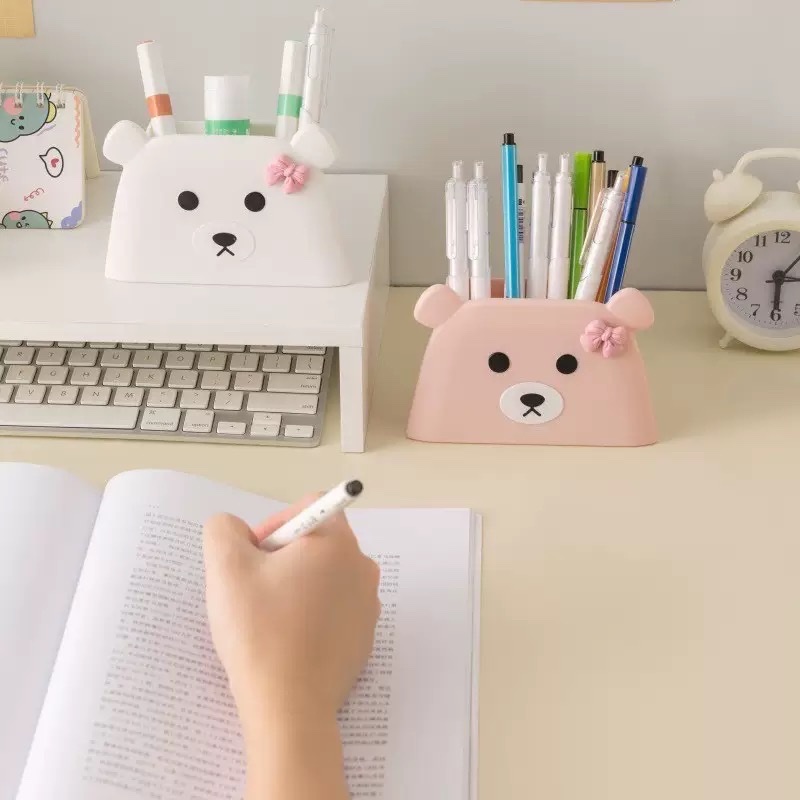 Little Bear cute cartoon pen holder, student stationery storage box, office supplies cute stationery box details Picture