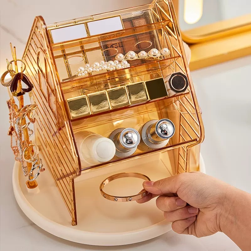 Light luxury cosmetics storage box, dressing table, rotatable skin care products storage rack, desktop stationery and jewelry storage box Application Scenario