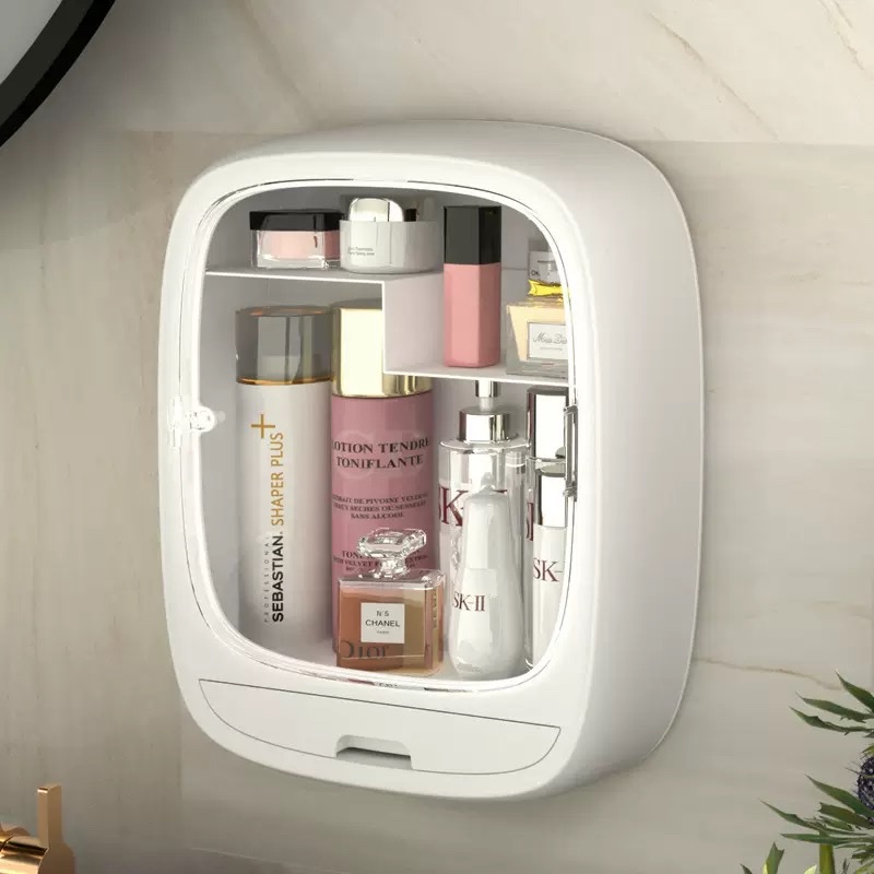 Wall-mounted dust-proof cosmetic storage box, no need for drilling, large capacity for home use, waterproof bathroom storage full image