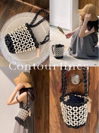 Korean classic wooden bead bucket bag, pure handcrafted beaded hollowed-out bag, niche and simple woven finished handbag Item Picture