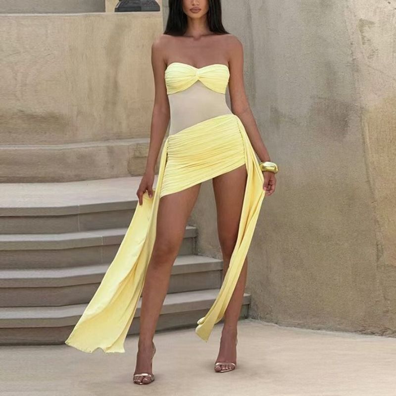 2026 New women's summer collection: Mesh patchwork, elegant ribbon, solid color strapless jumpsuit full figure