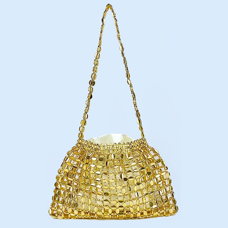 This is a trendy and fashionable single-shoulder handbag featuring handcrafted silver and gold flat beaded and woven large dumplings detail image 4