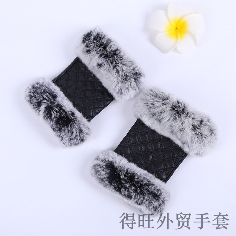 羊皮半指露指半截女冬季薄款加绒加厚保暖兔毛手套真皮无指半截