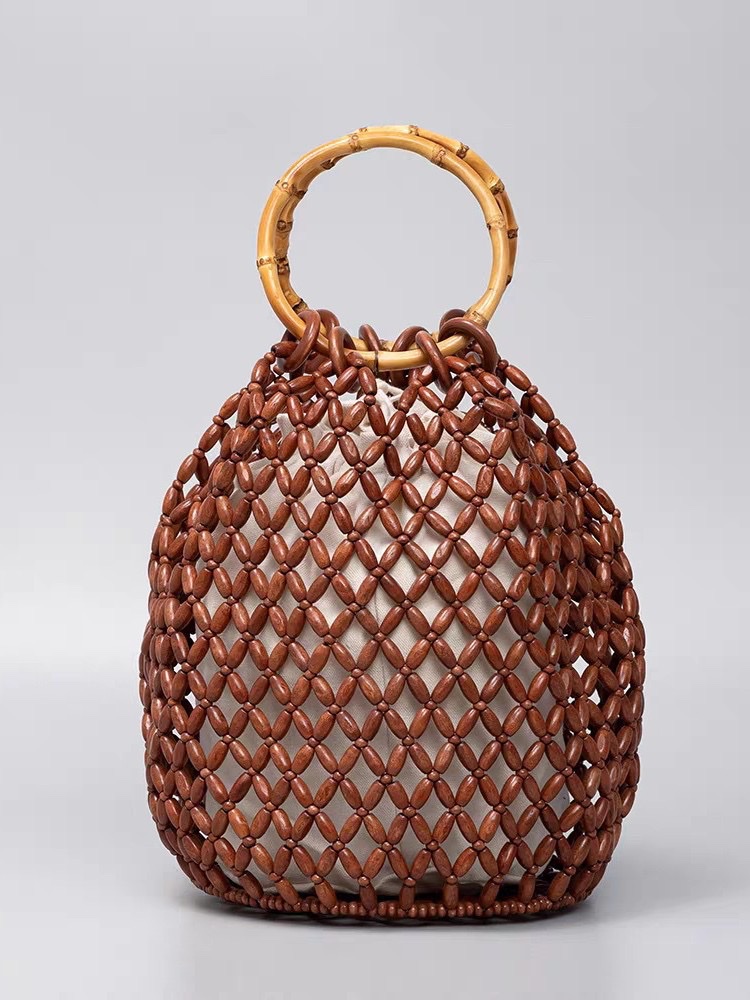 New fashionable, versatile and niche design, InS-style handcrafted beaded wood bead hollowed-out woven hand-held shoulder bag details Picture