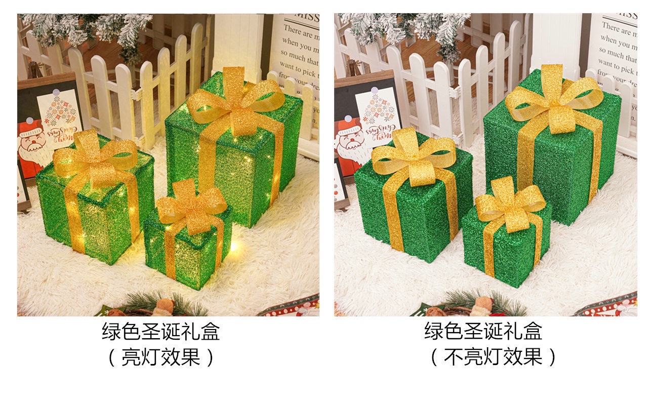 Three-piece foldable Christmas gift box set, Christmas birthday party decoration, room setting, atmosphere setting, props, ornaments, lights Item Picture