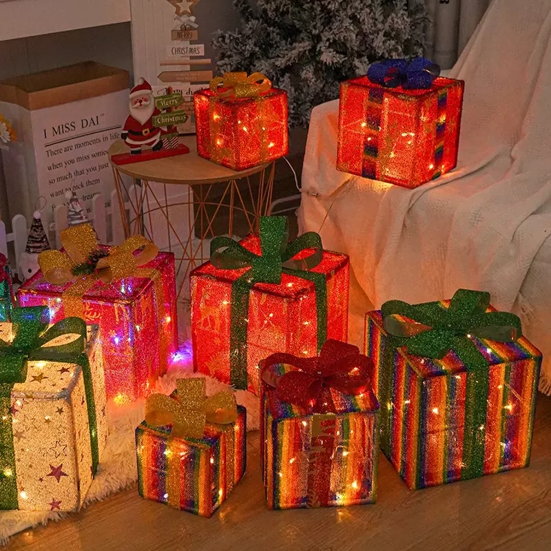 Three-piece foldable Christmas gift box set, Christmas birthday party decoration, room setting, atmosphere setting, props, ornaments, lights