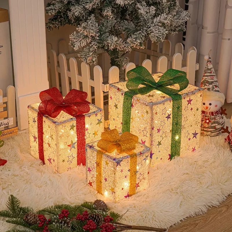 Three-piece foldable Christmas gift box set, Christmas birthday party decoration, room setting, atmosphere setting, props, ornaments, lights details Picture
