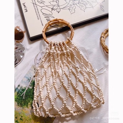 insI Bamboo handle wooden bead bag, European and American retro hand-woven bag, women's seaside travel and vacation handbag details Picture