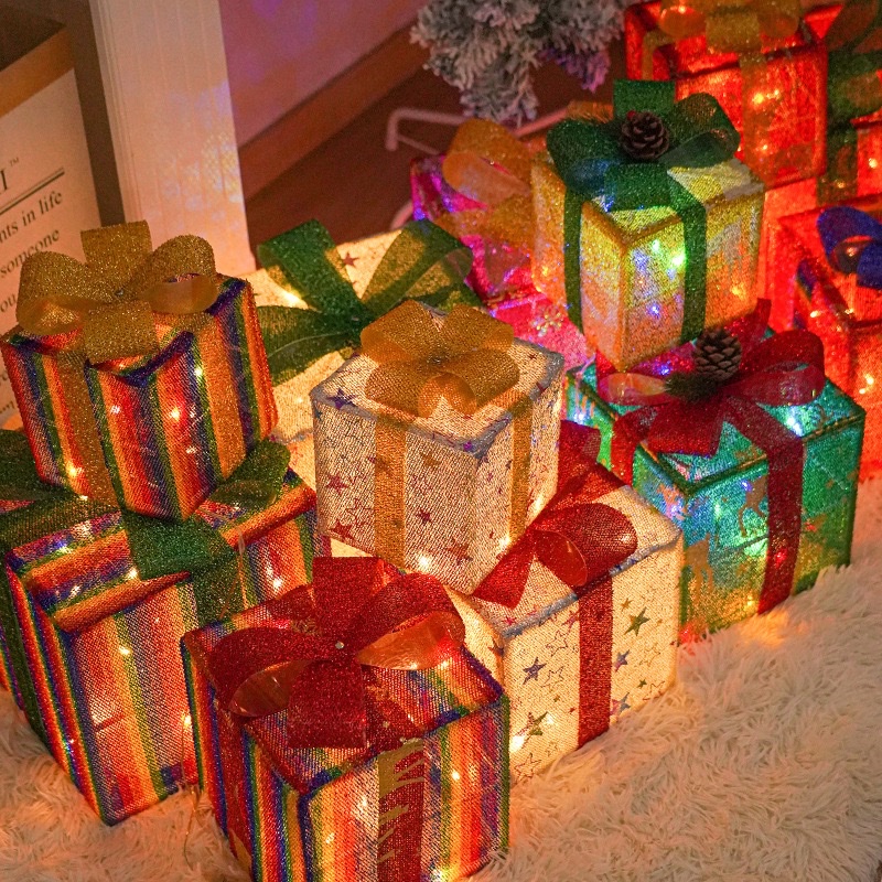 Three-piece foldable Christmas gift box set, Christmas birthday party decoration, room setting, atmosphere setting, props, ornaments, lights Application Scenario