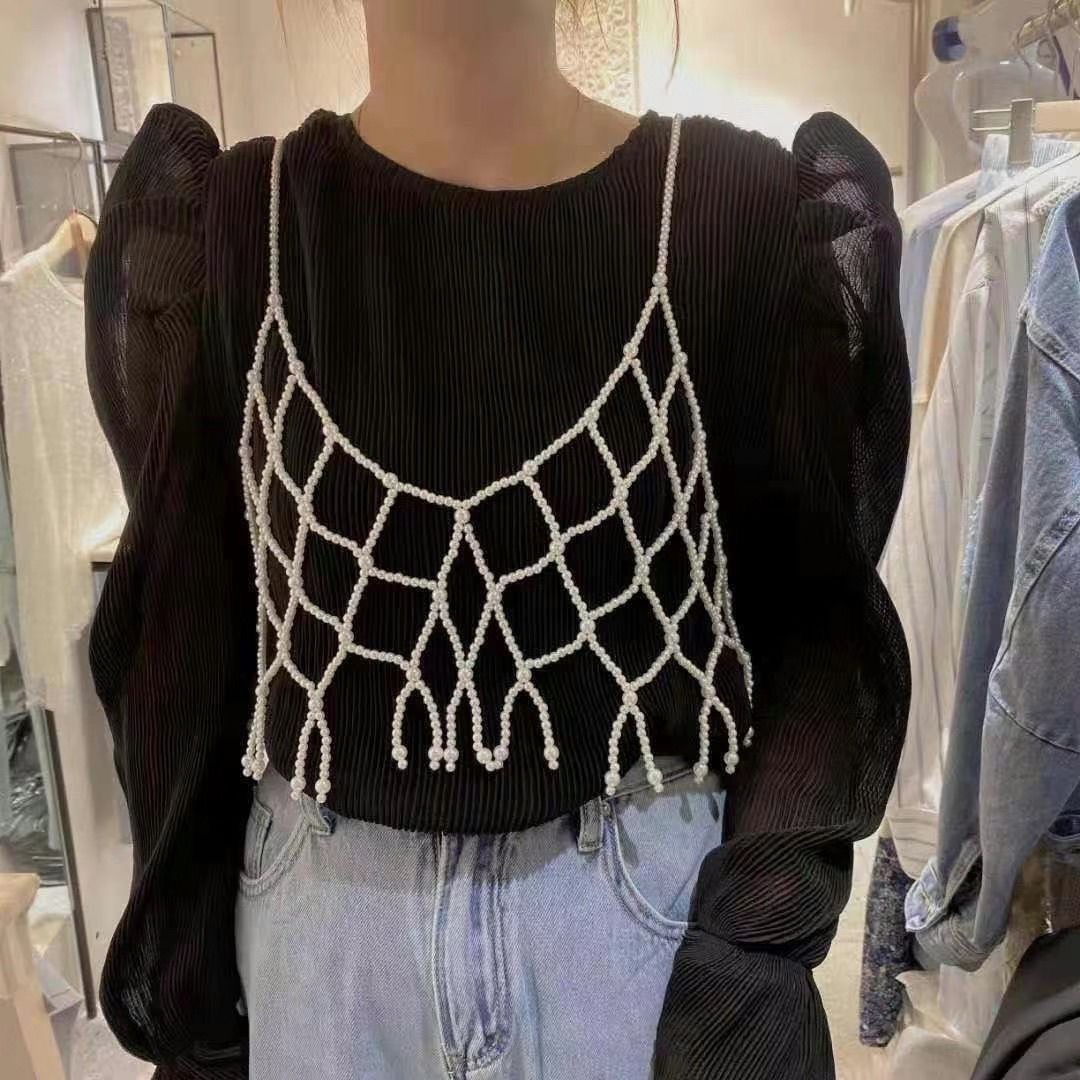 Summer hollowed-out heavy-duty beaded hand-woven pearl waistcoat, halter top, back and chest layer, can be worn outside