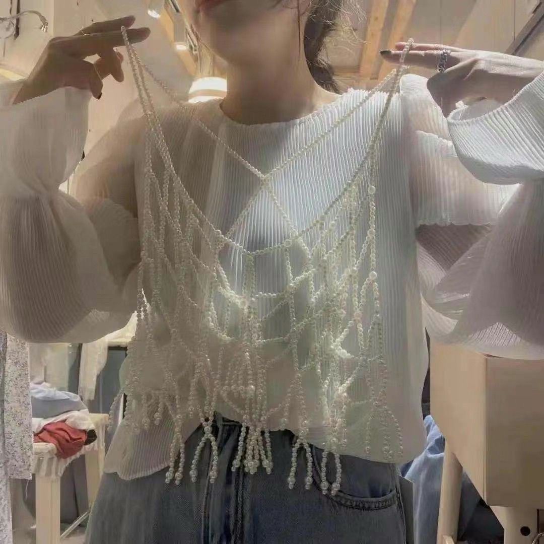 Summer hollowed-out heavy-duty beaded hand-woven pearl waistcoat, halter top, back and chest layer, can be worn outside Specification image