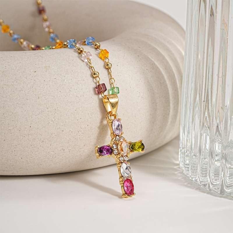 Dopamine colored zircon cross necklace, retro sweet and cool style, niche and unique design, super sparkling collarbone chain, women's necklace, pearl necklace details Picture