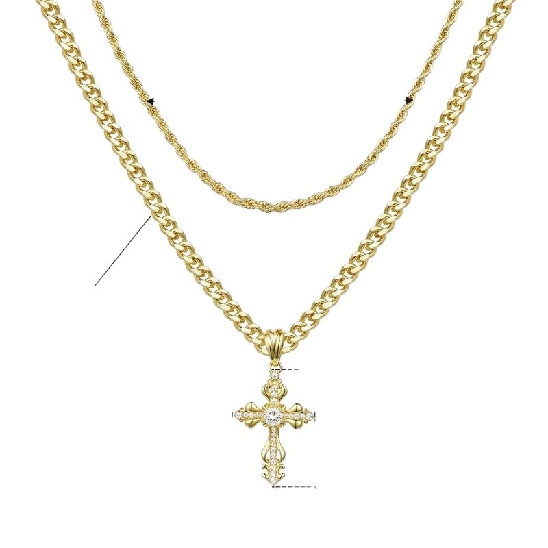 European and American hip-hop trend design double-layered brass cross inlaid with zircon men's necklace set, cross men's necklace Item Picture