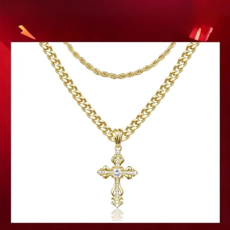 European and American hip-hop trend design double-layered brass cross inlaid with zircon men's necklace set, cross men's necklace details Picture