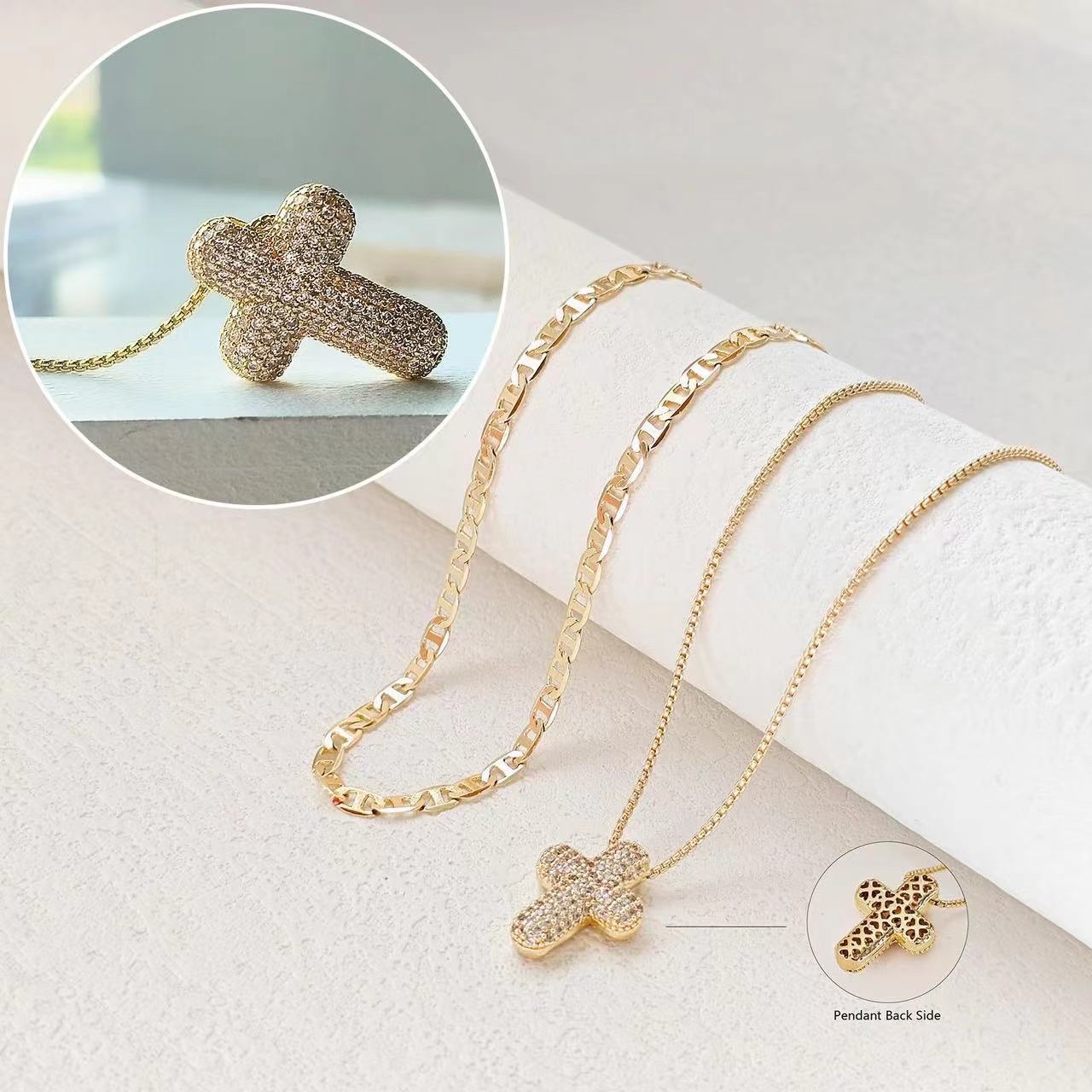 A popular cross-border fashion bubble hollow cross pendant from Europe and America, a brass real gold electroplated double-layer layered necklace Specification image