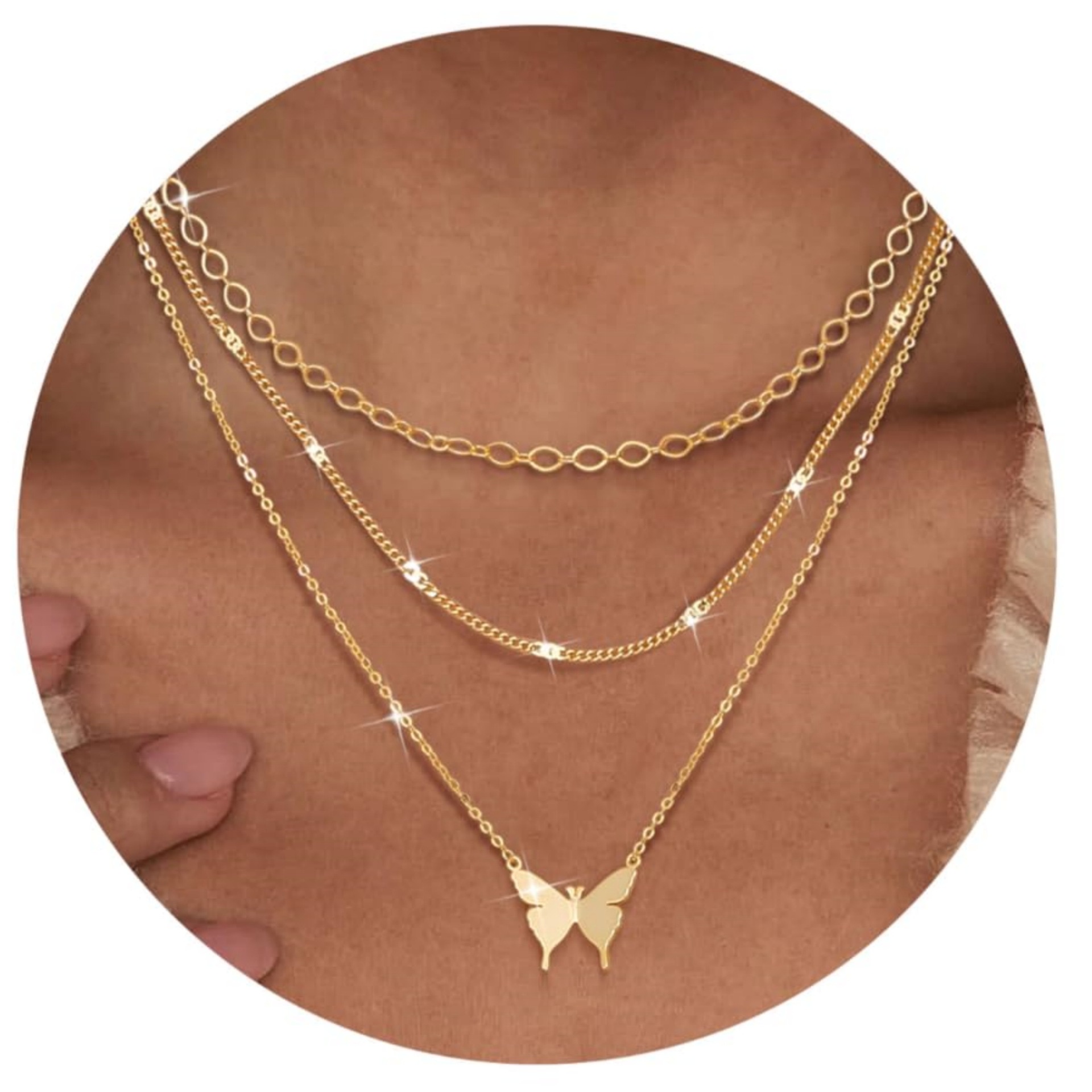A three-piece series of fashionable small round bead collarbone chain and butterfly pendant necklace with popular cross-border sales in Europe and America, featuring brass, real gold plating Specification image