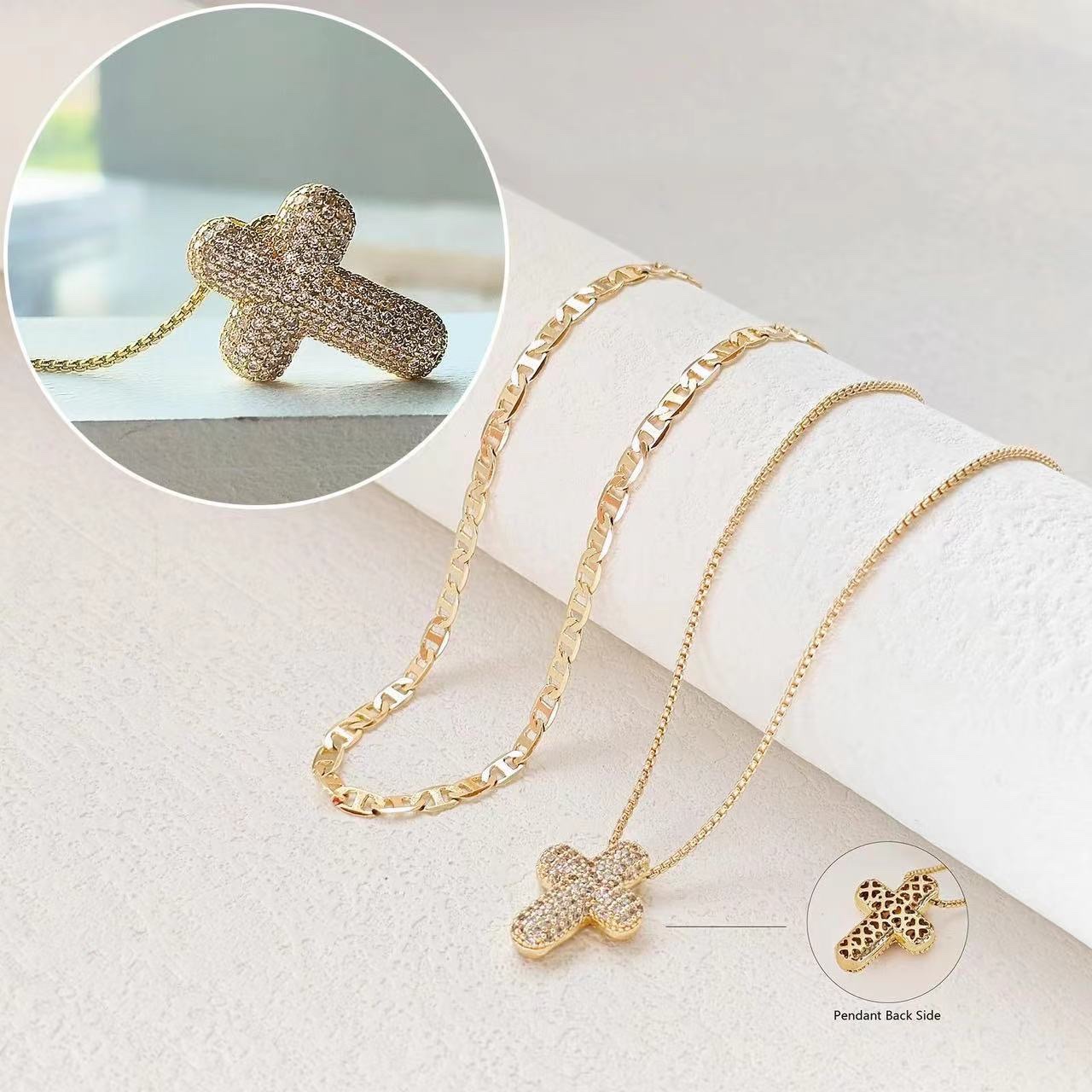 A popular cross-border fashion bubble hollow cross pendant from Europe and America, a brass real gold electroplated double-layer layered necklace Item Picture