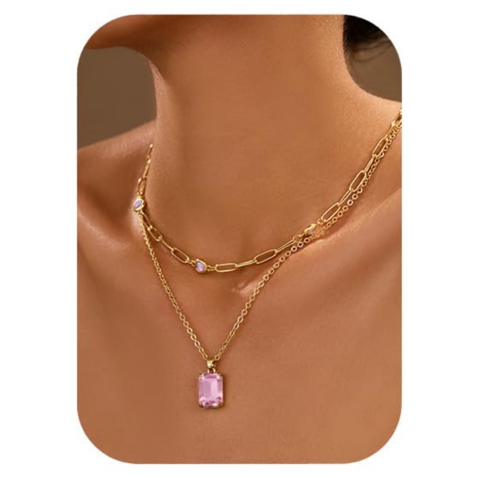 This is a popular cross-border product from Europe and America, featuring a retro, simple and exquisite style. It is inlaid with square zirconia and has a double-layer stacked collarbone chain Item Picture