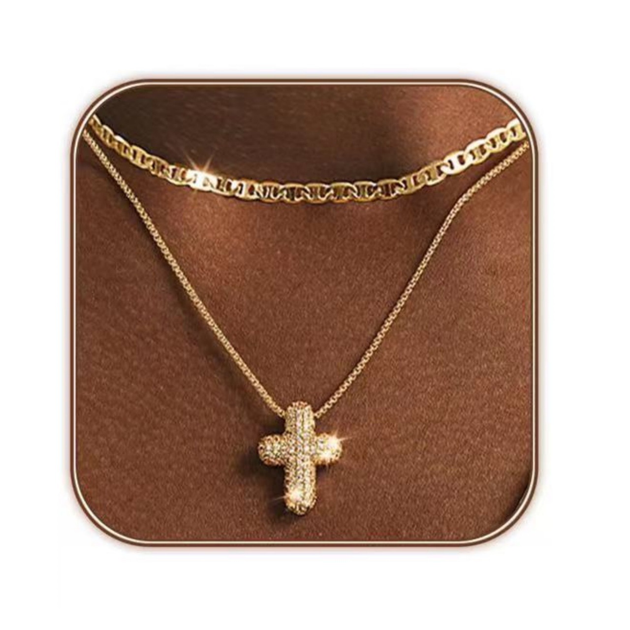 A popular cross-border fashion bubble hollow cross pendant from Europe and America, a brass real gold electroplated double-layer layered necklace Application Scenario