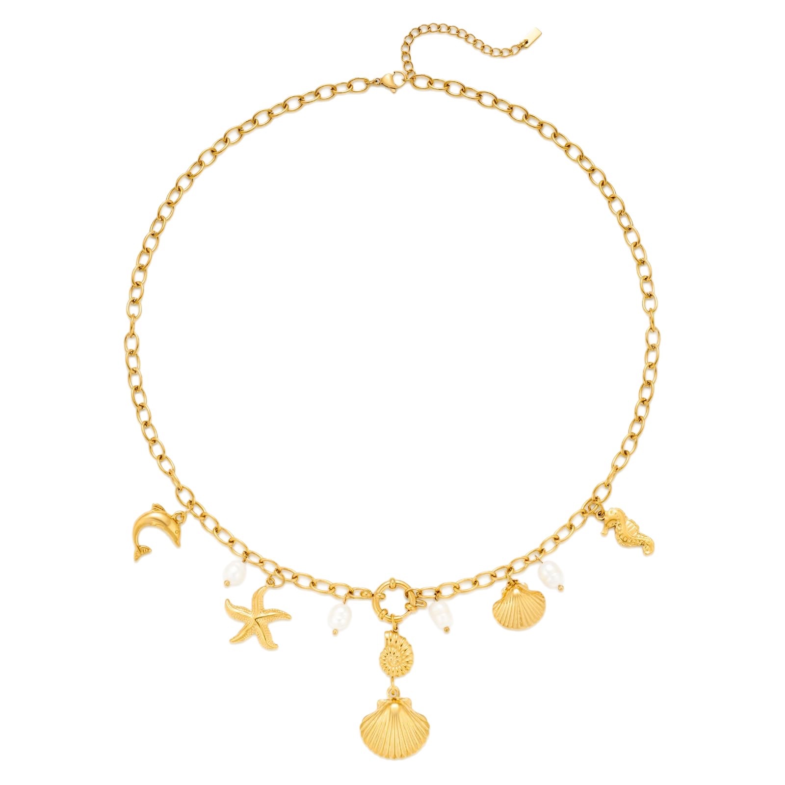 A popular cross-border bestseller in Europe and America, featuring brass, real gold plating, fashionable beach vacation style, shell, starfish and dolphin pendant necklace Item Picture